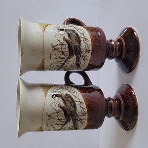 Vintage OTAGIRI Pheasant Mugs, Japan, pedestal, game bird, color brown. Set of 2